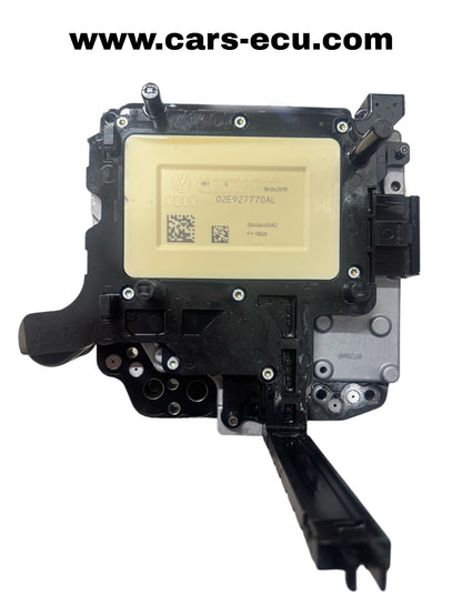 02E927770AL DSG DQ250 mechatronics top view showing control unit label with part number and electrical connector, 02E325025AL