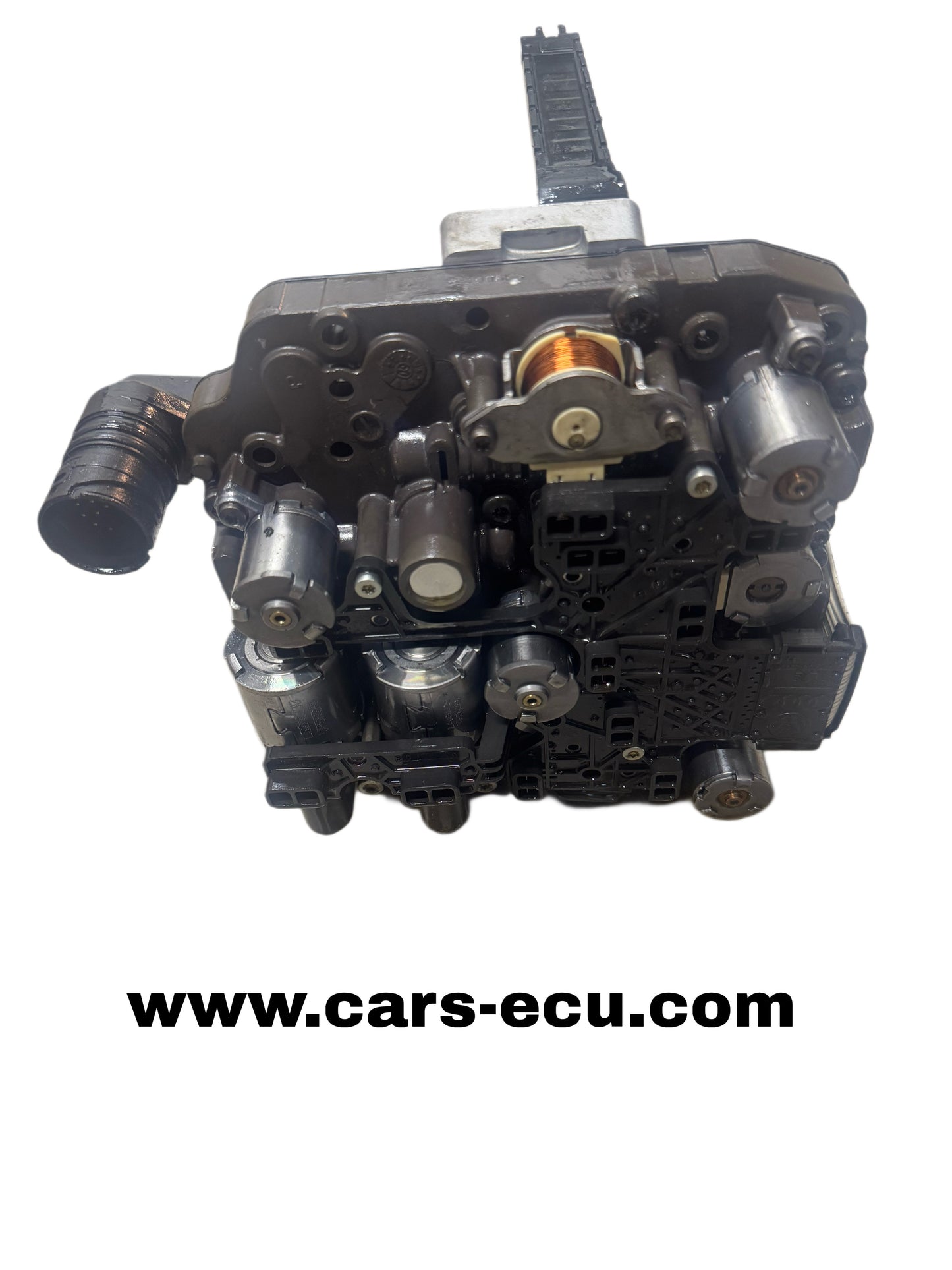 02E927770AJ DSG DQ250 complete mechatronics valve body side view showing hydraulic solenoids, pressure regulators, transmission sensors, and www.cars-ecu.com watermark