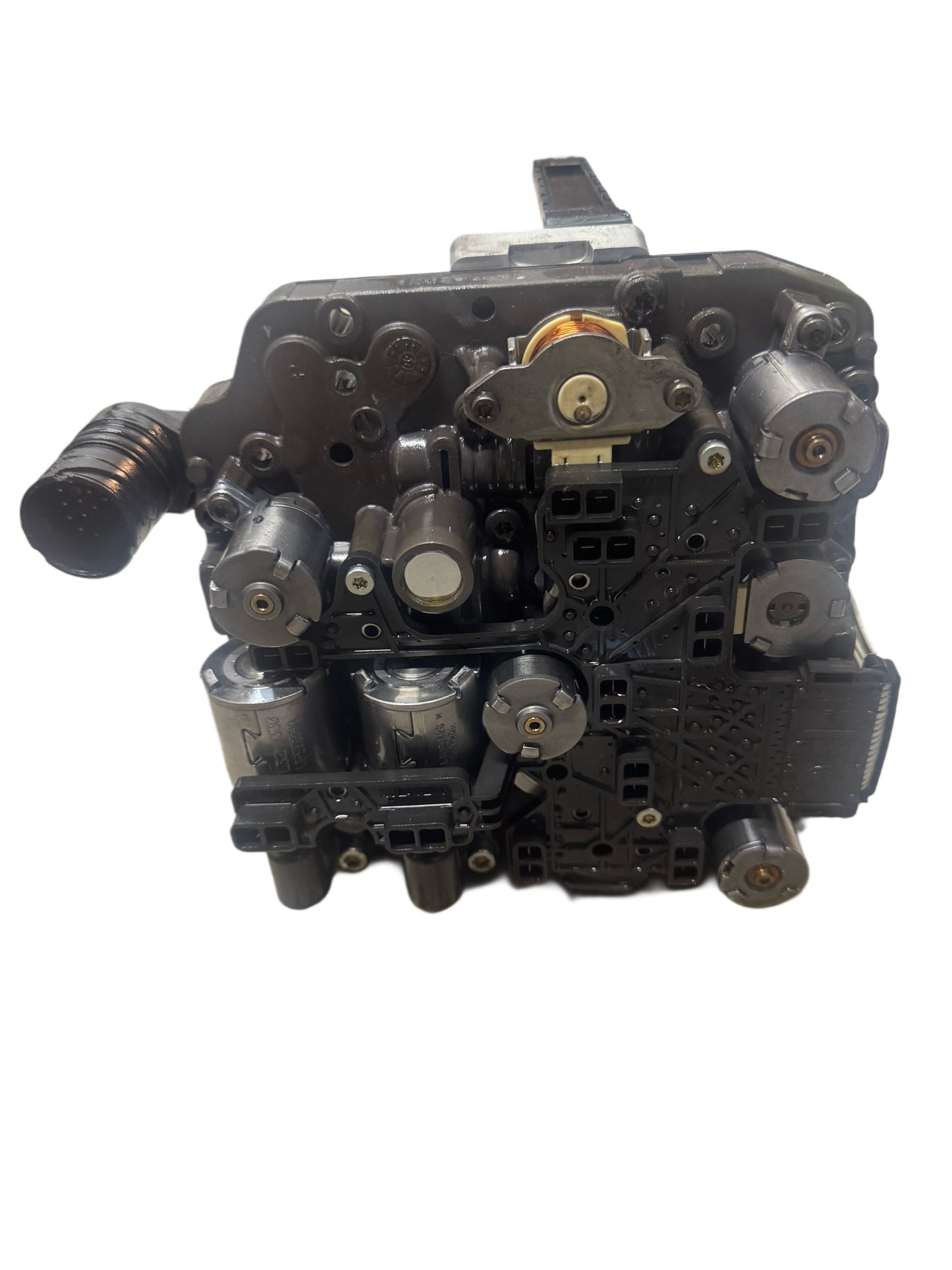 02E927770AJ Complete Gearbox Mechatronics DSG-6 DQ250 valve body front view with multiple hydraulic control solenoids, pressure sensors, and transmission actuators - www.cars-ecu.com