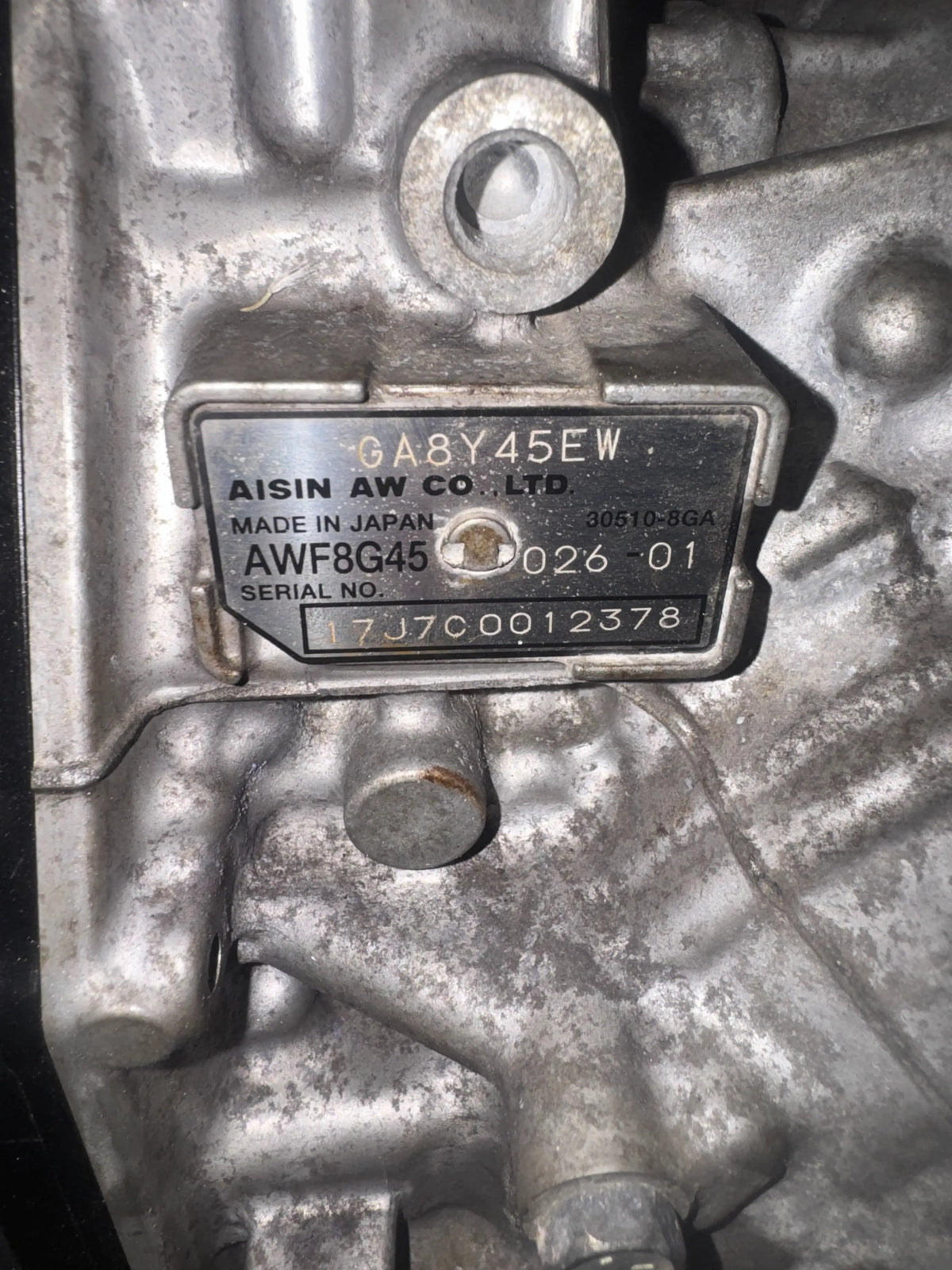 AWF8G45 transmission code and part number label, Aisin Japan , GA8Y45EW, 02601, 17J7C0012378